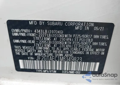 2021 Subaru Crosstrek Premium z USA, uszkodzony, nr VIN JF2GTAEC1M8349823